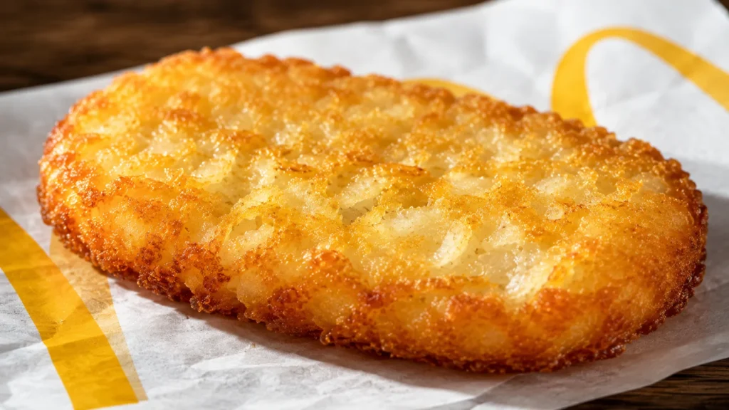 McDonalds hashbrown showing shredded potato texture and crisp edge