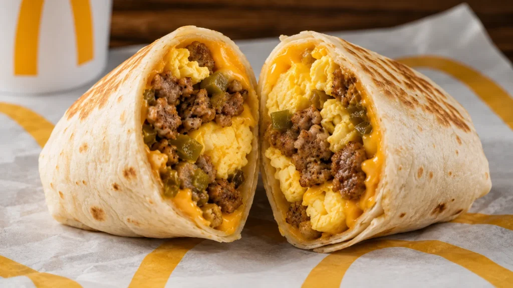 McDonald's Sausage Burrito cut open showing egg, sausage, cheese and green chiles